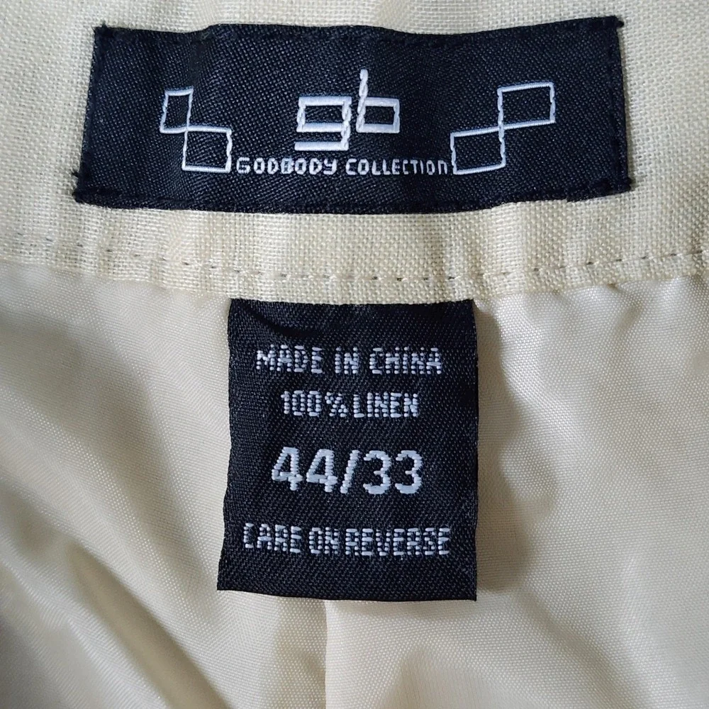 Godbody Collection Mens Linen Pants 44/33 Cream Pleated Elastic Waist Trousers
